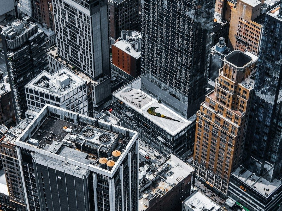 Aerial view of Manhattan rooftops with a landscaped roof and water tanks